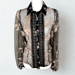 Peach Mesh Embroidered Floral Boho Top Blouse Size Large Black/Creme